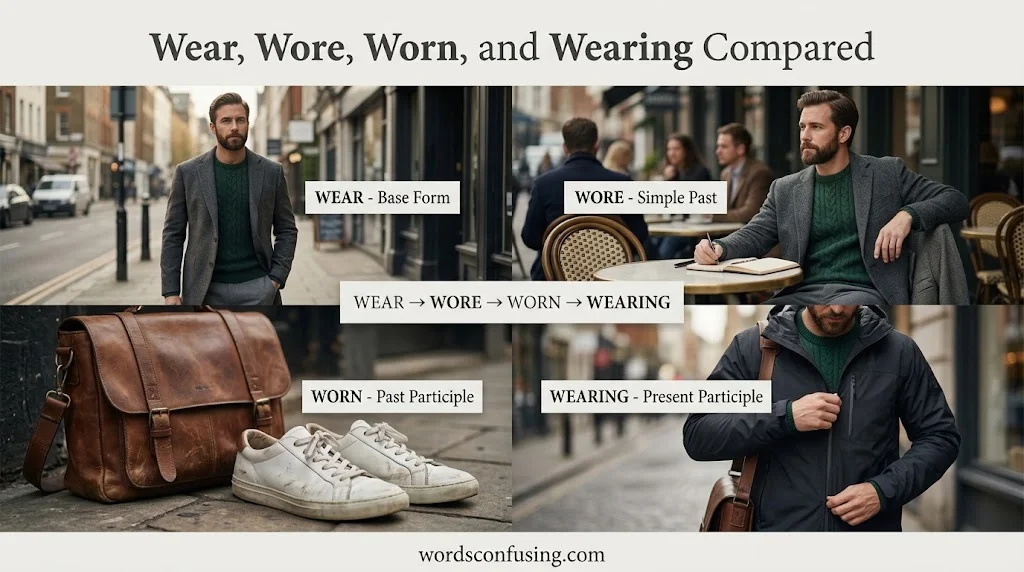 Wear, Wore, Worn, and Wearing Compared