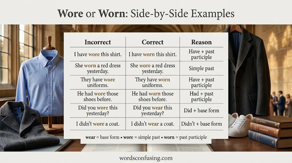 Wore or Worn: Side-by-Side Examples